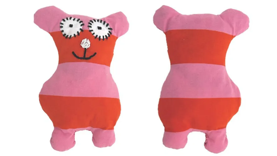 Front and back of a striped, pick doll.
