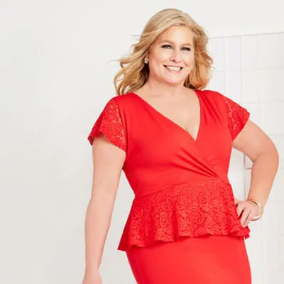 A woman in a red dress.