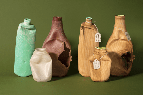 Plastic and wood bottles.