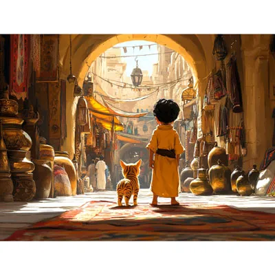 A young child and small tiger-cat look down a Middle-Eastern street lined with large vessels and market vendors.