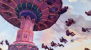 Artwork of people on swings.