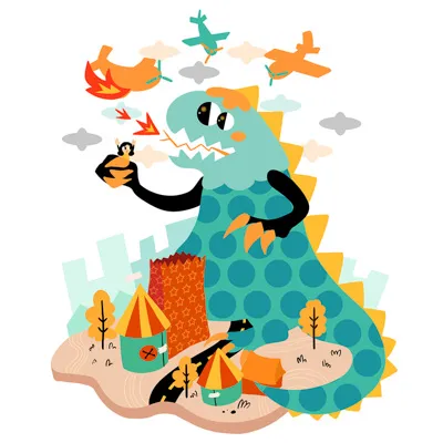 Illustration of a dragon. Planes circle it.