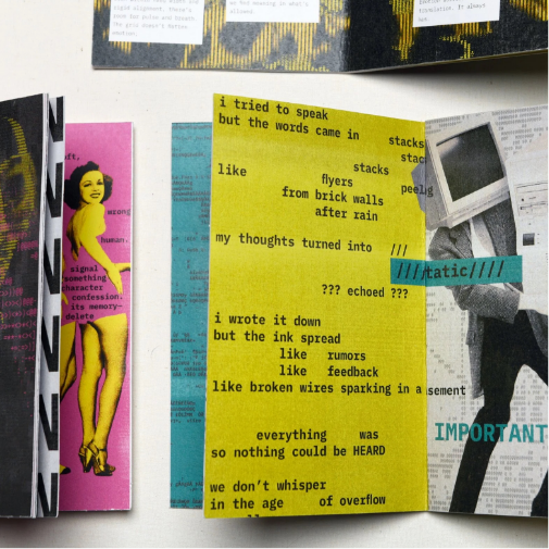 A collection of experimental zines and collage-style printed booklets displayed on a white surface, featuring bold typography, layered textures, poetry-like text, cutout photography, and vibrant colors such as yellow, pink, and turquoise. The designs have a raw, underground editorial and mixed-media aesthetic.