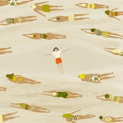 An illustration of a person floating. People swim around them.