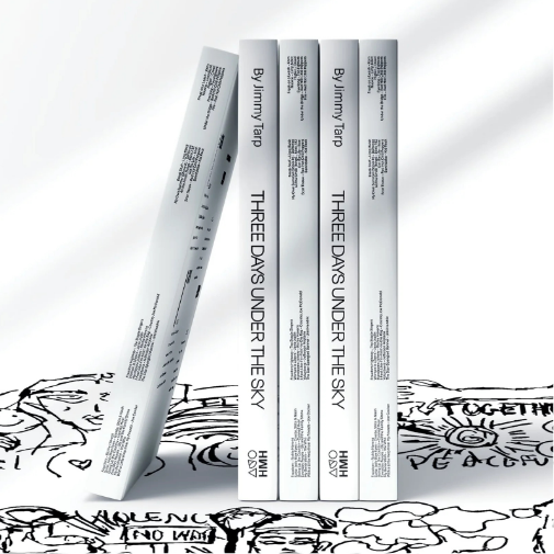 Four minimalist white book spines titled “THREE DAYS UNDER THE SKY” by Jimmy Taip are arranged upright and leaning against each other on a white surface with black illustrated artwork beneath them. Soft shadows create a clean, modern editorial aesthetic.