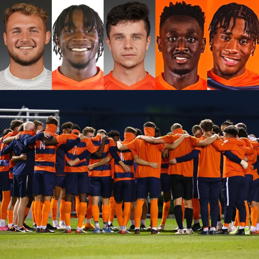 A group of Syracuse University soccer players on a field with their headshots above them.