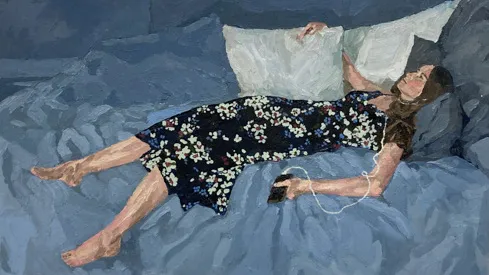 A painting of a person on a bed.