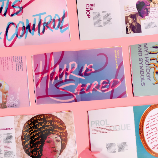 A vibrant editorial layout of magazines and printed spreads arranged on a pastel pink background, featuring expressive typography, handwritten-style graphics, portraits, and artistic text compositions. Central phrases like “Hair is Sacred” and “Control” create a bold, contemporary zine-inspired aesthetic.