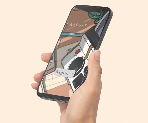 Rendering of a person holding a phone.