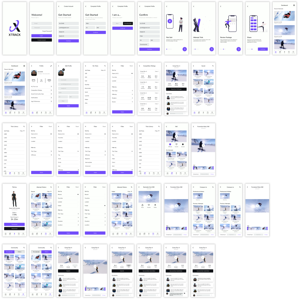 A collection of XTRACK mobile app screens.