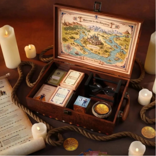 A fantasy-themed tabletop game set displayed in an open wooden box featuring illustrated maps, character and quest cards, coins, dice, and accessories. The scene is surrounded by glowing candles, ropes, and parchment scrolls, creating a warm medieval adventure atmosphere.