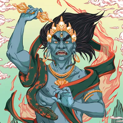 An illustration of a blue individual with a snake wrapped around their body.