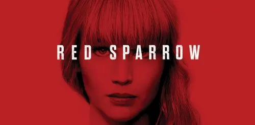Red promotional flier for “Red Sparrow” with a woman’s face visible in a black outline.
