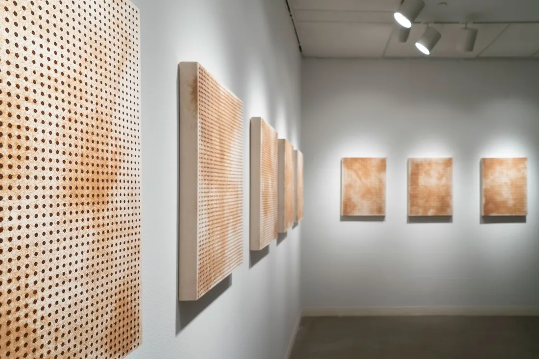 A series of rectangular pieces of artwork hung on a gallery wall. All of the pieces have similar coloring and texturing.