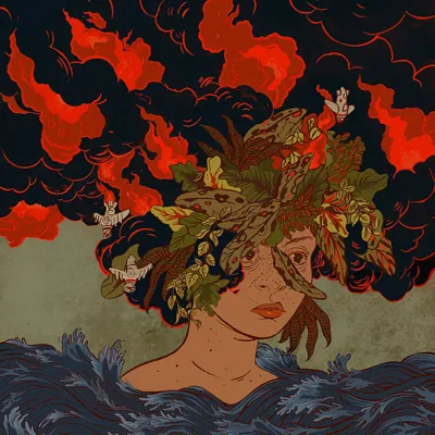 An illustration of a person in the water. Smoke seems to come out of her hair. Planes come crashing down around her.