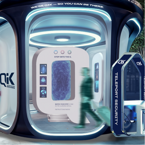 A futuristic teleportation booth with glowing blue lighting and sleek curved walls, featuring “QK” branding and “Teleport Security” signage. A blurred figure walks past the illuminated portal entrance, creating a sci-fi atmosphere.