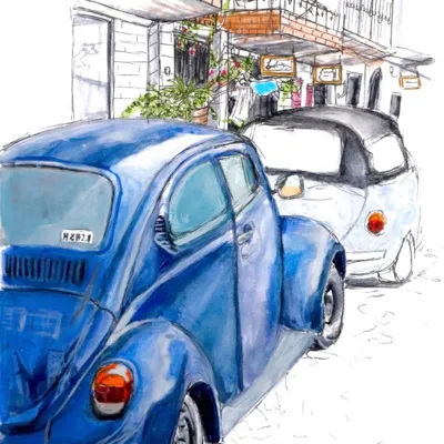 Illustration of a punch bug parked on the street.