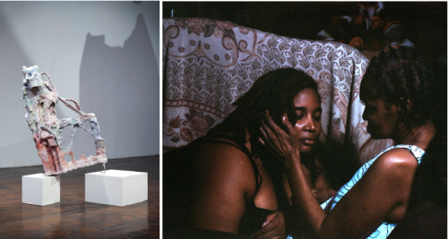 A sculpture and a photo of two women.