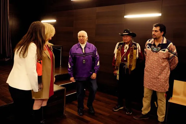 Alumnus Brennen Ferguson (right) and fellow Haudenosaunee External Relations Committee members Kenneth Deer (middle) and Clayton Logan (second from right).