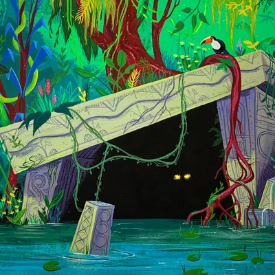 An illustration of a cave in a river with two glowing eyes peeking out.