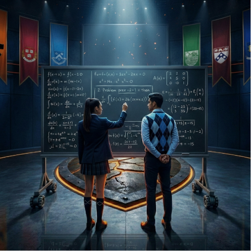 Two students stand in a dramatic, futuristic academic setting, solving complex math equations on large transparent chalkboards illuminated by overhead spotlights. Colorful banners hang in the background, creating a competitive and scholarly atmosphere.