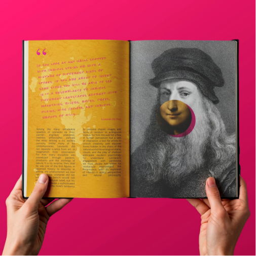 A person holds open a creatively designed art book against a bright pink background. One page features handwritten-style text and editorial layouts on a mustard-yellow background, while the opposite page displays a stylized portrait resembling Leonardo da Vinci with a circular cutout overlay across the face, blending classical art with modern graphic design.