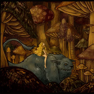 Illustration of a girl on the back of a monster.