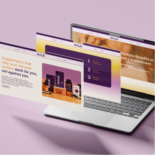 A laptop displays multiple floating website interface screens for a supplement brand, featuring product images, wellness messaging, and a purple-and-gold color scheme. The layered web pages create a modern, dynamic presentation against a soft lavender background.