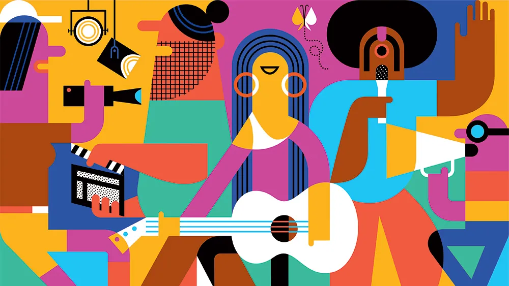 Graphic of people directing, playing the guitar, filming and more.