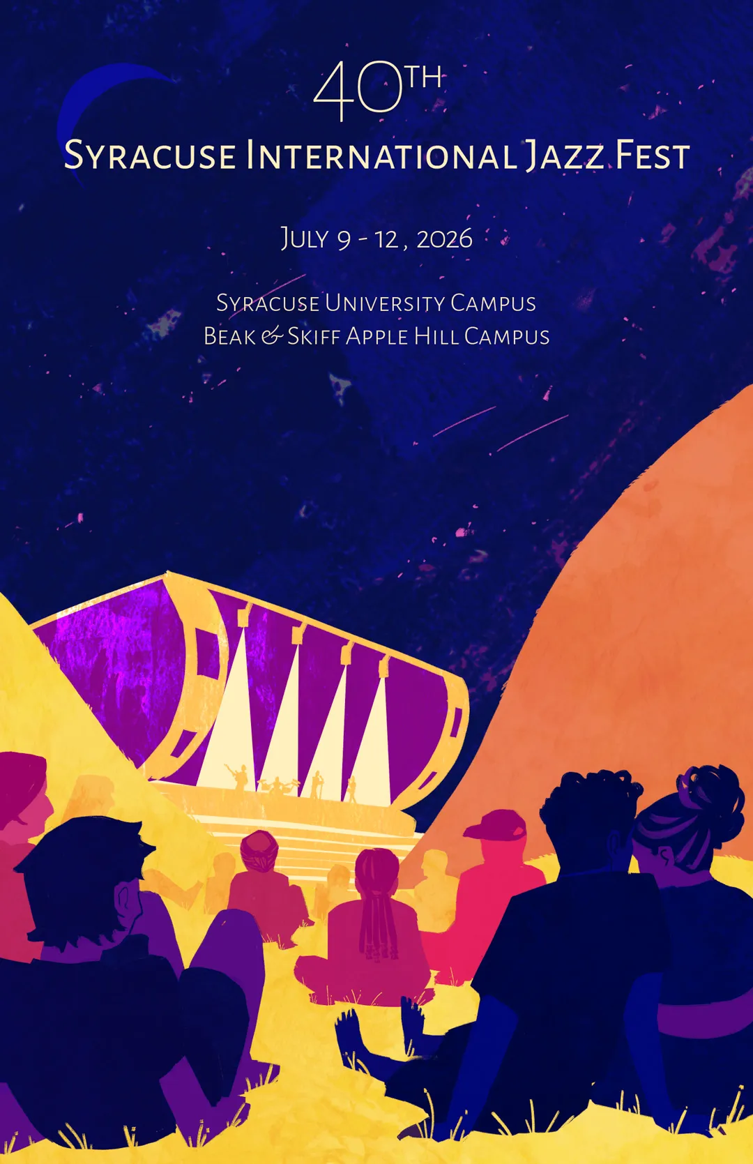 Illustration of people sitting in front of a stage. Text reads, “40th Syracuse International Jazz Fest.”