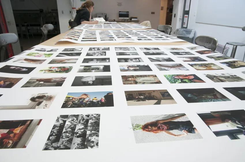 A table with photographs on it.