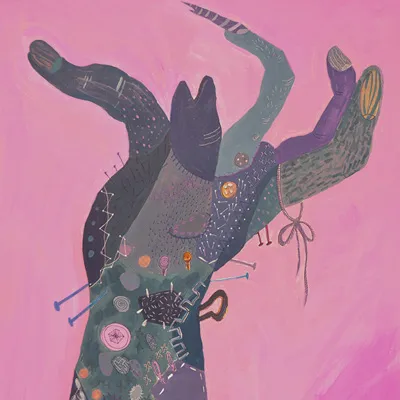 An illustration of a hand that is all sewed up.