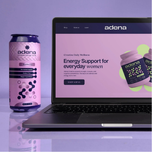 A sleek wellness product display featuring a pink can of “adena” creatine energy drink beside a laptop showcasing the Adena website with women’s energy support supplements. The scene uses soft purple lighting and modern branding for a clean, contemporary aesthetic.