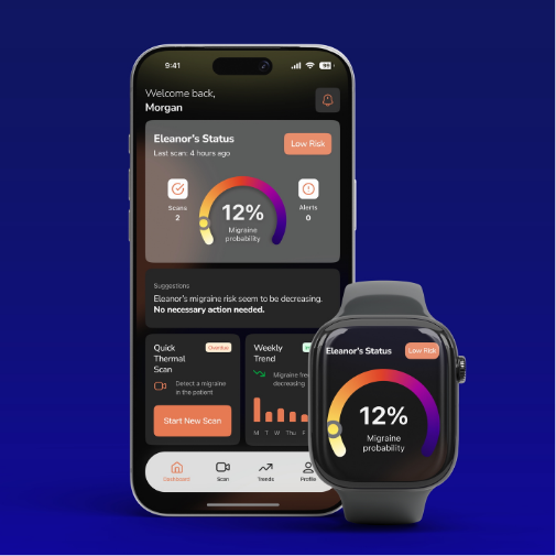 A smartphone and smartwatch display a dark-themed health monitoring app interface showing a 12% migraine probability risk score. The screens feature colorful circular data visualizations, health status alerts, trend tracking, and scan options against a bold blue background.