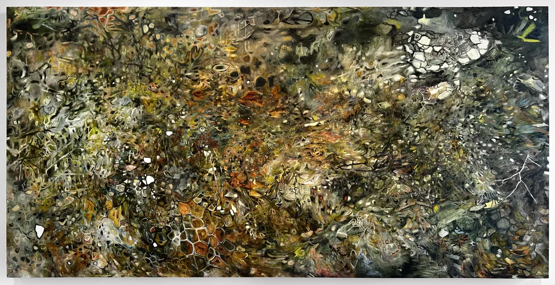 An abstract painting by Maris Drew that uses shades of brown, green, gray, and white.
