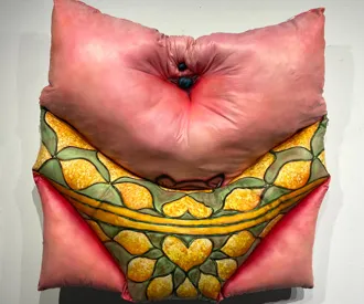 An artwork of a person's midriff.