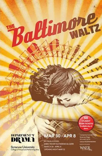 Promotional flier for “The Baltimore Waltz” that includes two individuals hugging.