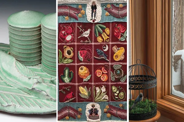 Three images from left to right that feature ceramics pieces, a fiber arts piece, and a photograph of a bird in a cage by a window.